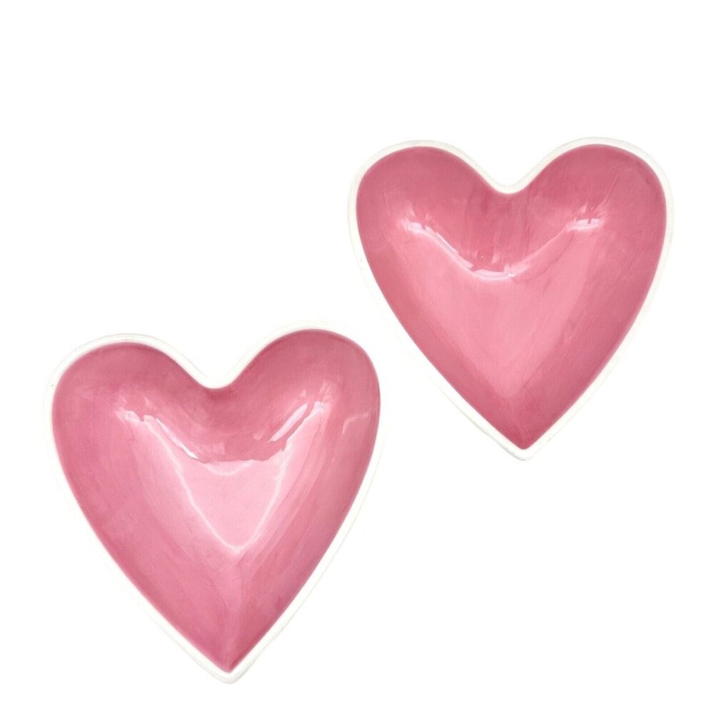 Happy Valentines Day Set Of 2 Pink Heart-Shaped Ceramic Bowls 9 Inches Wide